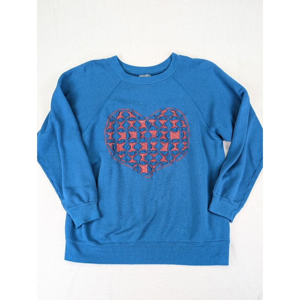 Vintage Quilted Crewneck Sweatshirt Size Medium Teal Heart Patch 90s 80s Grandma